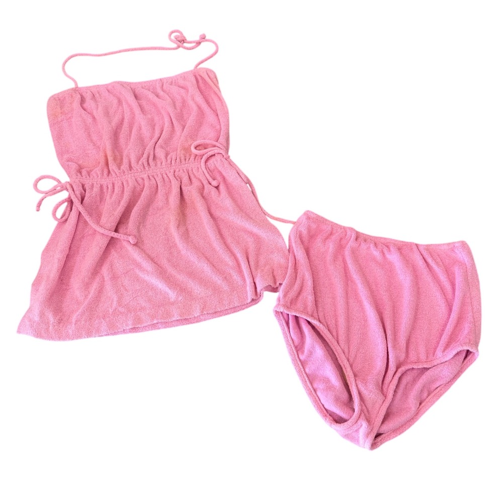 Vintage Elizabeth‎ Stewart Pink Terry Cloth Halter Top & Shorts Set Size MEDIUM